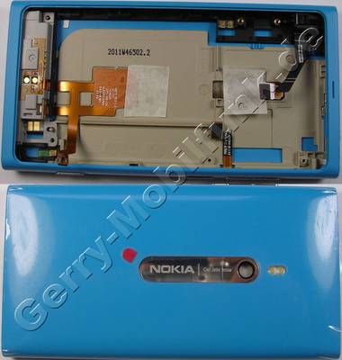 Unterschale cyan Nokia Lumia 800 original Rckenschale blau mit Kamerascheibe, Kameralinse, Seitentasten, Antenne, Blitzlicht LED, Headsetkonnektor, Freisprechlautsprecher, Seitenschalter fr Kamera und Lautstrke